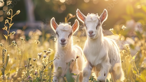 Two little goat babies in summer. Farm animals