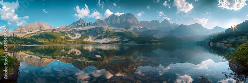 Mountain lake in 5 lakes valley in Tatra Mountains, Poland realistic nature and landscape