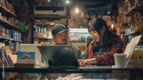 Two young shop owners using a laptop in their store