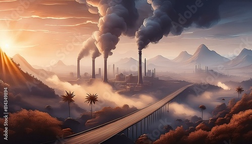 A factory spewing thick black smoke into the polluted air, creating a hazy skyline, Global warming.