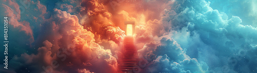 Stairway leading to a door in the clouds, top view, Stairway to heaven, mystical tone, Triadic Color Scheme