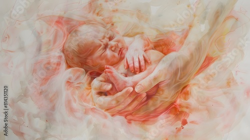 Tender Embrace of a Newborn's First Moments Captured in Soft Watercolor Tones