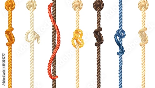 An assorted rope is knotted at the end of each long stick in a vector illustration on a white background 