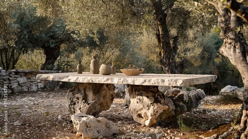 There is a large olive tree in the center of the image. There is a stone table with pots on it in front of the tree. The ground is covered in large, uneven stone tiles. In the background, there is a f
