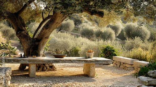 There is a large olive tree in the center of the image. There is a stone table with pots on it in front of the tree. The ground is covered in large, uneven stone tiles. In the background, there is a f