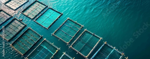 Aerial view of an insurance team surveying expansive aquaculture grids, vibrant blue water shimmering below