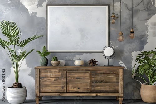 Empty mock up poster frame on grey stucco wall above wooden dresser cabinet with home decor. Rustic interior design of modern living room.