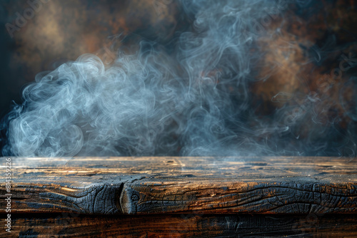Closeup shot of wooden table and smoke. Created with Ai