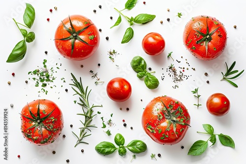 fresh tomato herbs and spices isolated on white background top view