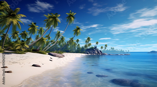 blue beach scene with palm trees, generative ai