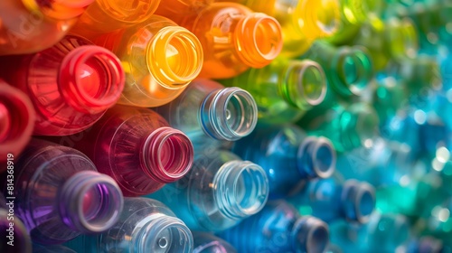 A row of colorful plastic bottles with the top of each bottle cut off. The bottles are arranged in a rainbow pattern