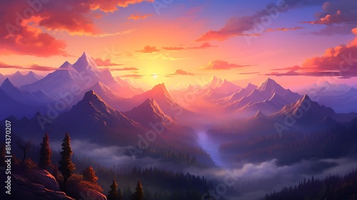 A breathtaking sunrise over a serene mountain range, painting the sky in vibrant hues of orange and pink.