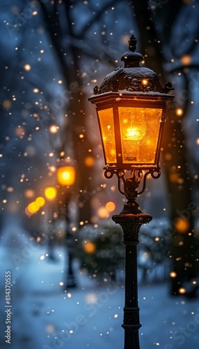 streetlight lit snow gaslight capital city golden embers flying bloom lighting walking down details serendipity