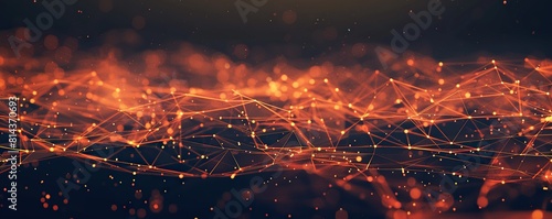 A broad horizontal design of neon orange and soft gold plexus connections stretching across a dark canvas