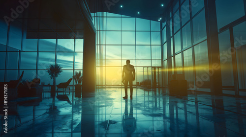 A businessman silhouetted against sunset-lit glass windows in a modern office, symbolizing contemplation and business strategy