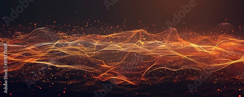 A broad horizontal design of neon orange and soft gold plexus connections stretching across a dark canvas