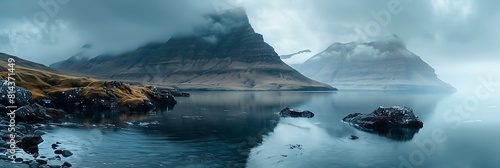 Mountain landscape on the island of Vagar, Cloudy spring day, Faroe Islands realistic nature and landscape