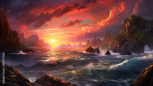 A dramatic coastal vista with rugged cliffs plunging into the turbulent sea below, under a fiery sunset sky ablaze with vivid colors.