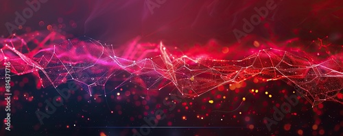 A broad horizontal design of bright red and pink plexus connections flowing elegantly across a dark background