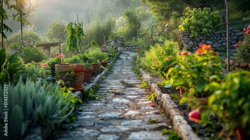 A rustic kitchen garden with a stone pathway, surrounded by flowering herbs and vegetables, an early morning dewy atmosphere, very picturesque and natural. Created Using: Cottage garden style, rustic