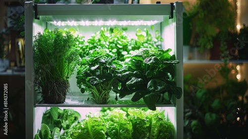 An indoor hydroponic garden with LED lights, various leafy greens growing vertically, modern, clean, and efficient. Emphasis on technology and sustainability in small spaces. Created Using: Indoor