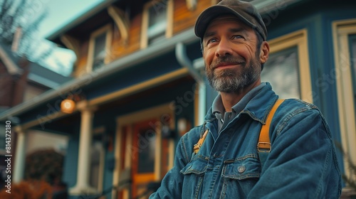 man standing outside house hat craftsman home smiling city commercial small hipster coffee shop rugged ship captain wrought iron lifelike extremely storefronts braided beard farmer