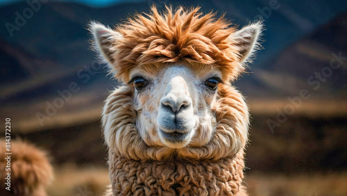 Cute furry alpaca portrait. The llama, Lama glama domesticated South American camelid animals on the green meadow in the Andes mountains. Cute furry alpaca or lama portrait
