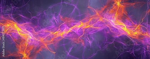 A panoramic arrangement of interconnected electric violet and bright orange plexus lines sweeping across a dark grey backdrop
