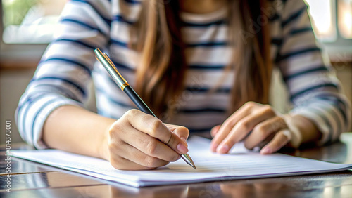 High-resolution photo of a girl's hand holding a pen, filling out a form
