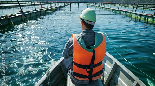 Insurance adjuster in a boat inspecting fish health at a sprawling aquaculture farm