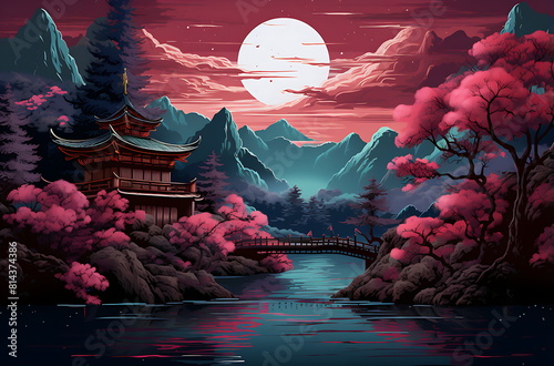 A scenic cherry blossom garden with a pagoda by sea with mountains silhouet, generative ai