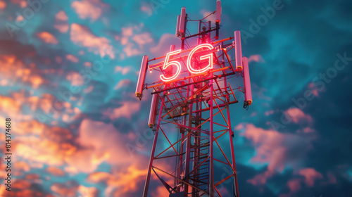 A rapidly evolving digital landscape, a 5G global network technology communication antenna tower rises to prominence.