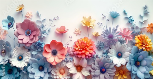 brightly colored paper flowers arranged white surface still pastel highly embossed paint daisies duplicate gradients