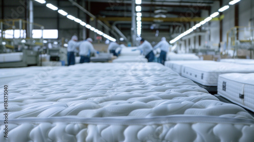industrial setting, white mattresses are neatly lined up, a testament to the efficiency of production processes, while workers diligently attend to their tasks in the background.