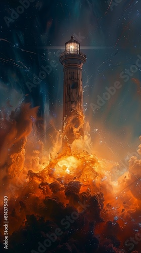 lighthouse sky lot clouds abaddon diagonal spell old ruins tower exploding nebulae chase engulfed swirling flames eternals