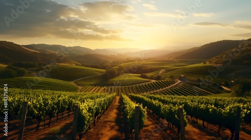 A picturesque vineyard nestled in a valley, rows of lush grapevines stretching towards the horizon against a backdrop of rolling hills.
