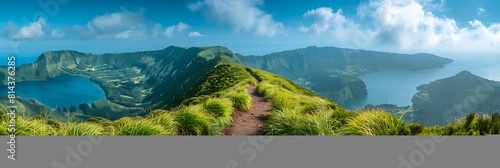 Mountain landscape with hiking trail and view of beautiful lakes Ponta Delgada, Sao Miguel Island, Azores, Portugal realistic nature and landscape