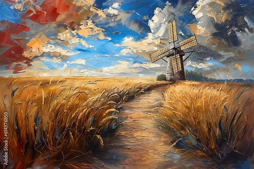 windmill field path leading background bright quixote left book surreal dreamy poetic man walking wax oil