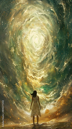 woman standing deep looking swirling swirl cosmic skies tall golden heavenly gates exalted resin explosion beams light warped