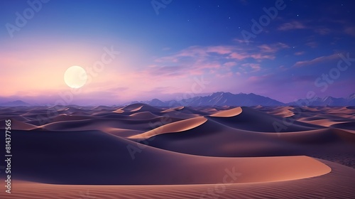 A surreal desert landscape with towering sand dunes sculpted by the wind, illuminated by the soft glow of the moonlight.