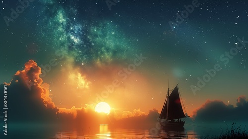sailboat sailing deep sunset stars glittering background overlays small boat sea scattered golden flakes multiple suns ambient glow visible