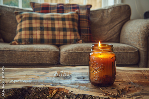 A rustic mason jar converted into a candle holder, placed on a raw wood slab table, with a cozy tartan pillow on a classic tweed sofa in the background.
