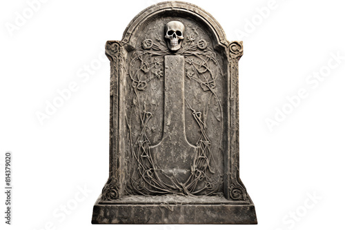 A gravestone with a skull and crossbones.