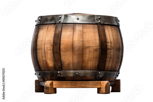 The photo shows a wooden barrel on stand with black background. The barrel is made of dark wood and has a metal hoop around it.