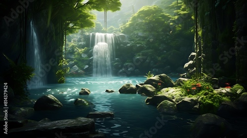A tranquil waterfall cascading down a lush green cliff into a crystal-clear pool below, surrounded by verdant foliage.