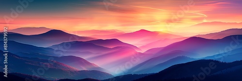 Mountain range with visible silhouettes through the morning colorful fog realistic nature and landscape