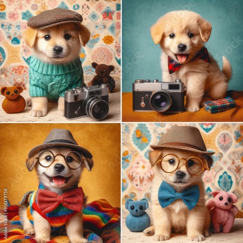 A collage of a puppy wearing glasses and a hat image lively has illustrative meaning has illustrative meaning illustrator.