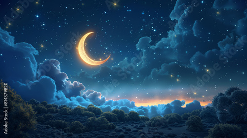 A serene crescent moon casts a gentle glow over a mystical landscape with twinkling stars and soft cloud formations at night.