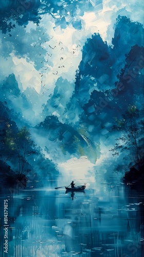 man boat lake birds flying overhead blue turquoise fog void waterfalls river haunting brush strokes canoe dragon background
