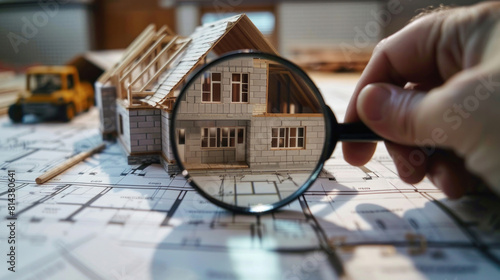 Architect uses a magnifying glass to inspect the construction of a new house, meticulously checking for any flaws or imperfections to uphold quality assurance standards.